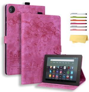 UUcovers for  Kindle Fire HD 8 Tablet 8" Case (8th/7th/6th Generation, 2018/2017/2016) with Stand/Pencil Holder/Card Pockets/Embossed Flower Folio Magneic Wallet Cover, Cherry Blossom Rose Cat