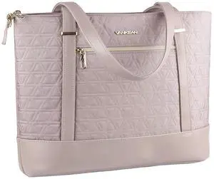 VANKEAN Laptop Bag for Women, 15.6 Inch Work Bag Waterproof Computer Shoulder Bag with USB Port, Large Tote Bag for Work Business Travel, Quilted Pink