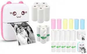 Vicbear Mini Pocket Printer Set with 8 Rolls Printing Paper + 16 Rolls Thermal Paper Set, Including Sticker/Colored Plain/White Plain Paper, Pink
