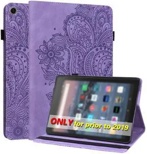 VODEFOX for Kindle Fire HD 10 Case 9th/7th/5th Generation 10.1" (2019/2017/2015),Embossed Peacock Flower Pattern PU Leather Folio Wallet Shockproof Cover with Pencil Holder Elastic Band 10.1" - Purple