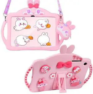 Vulxogo for Samsung Galaxy Tab A9 Plus 11 inch Case for Kids Girls with Adjustable Shoulder Straps Handle Wallet Rabbit Soft Silicone Tablet Cover for Tab A9+ 11'' 5g 2023(Pink)