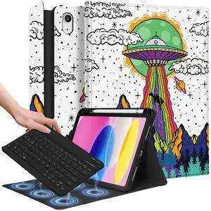 Wazzasoft for iPad 10th Generation Case with Keyboard - for iPad A16 Cases Pencil Holder 10.9 Inch Cover Men Boys Cute Cool Fun Alien Unique Design Funda for Apple Tablet 10th/11th gen
