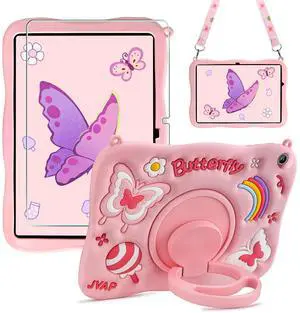 XNMOA for Samsung Galaxy Tab A9 Plus Case Kids Girls with Screen Protector Kickstand Shoulder Strap Pink Butterfly Shockproof Cover for Samsung A9 Plus Tablet Cover 11 inch 2023