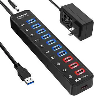 vantisan Powered USB 3.0 hub, 11-Port USB Hub Splitter Extension 7 USB 3.0 Data Ports + 4 Smart Charging Ports with Individual LED On/Off Switches and 12V/3A Power Adapter for USB Devices.