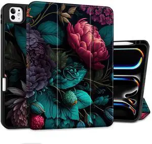 Yebiseven Case for M4 iPad Pro 11 inch 2024 Released Model A2836/A2837/A3006, Shockproof Tablet Case with Pencil Holder & Auto Wake/Sleep & Soft TPU Back Cover, Vibrant Flower