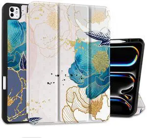 Yebiseven Case for M4 iPad Pro 13 inch 2024 Released Model A2925/A2926/A3007, Shockproof Tablet Case with Pencil Holder & Auto Wake/Sleep & Soft TPU Back Cover, Golden Peony