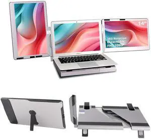 Alecewey F2 Laptop Screen Extender 14 Inch Triple Portable Monitor for Laptop Full Angle with Adjustable Stand Laptop Monitor Extender Plug and Play Type-C/HDMI for Windows,Mac