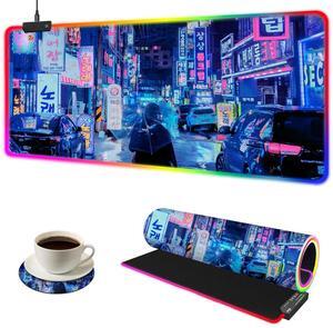 YQE RGB Gaming Mouse Pad, 35.4"x15.7" Desk Mat for Keyboard and Mouse, LED Game Mousepad with 14 Colors Modes, Non-Slip Desk Pad Matt Protector+Coasters-for Home, Office, Desktop, Blue Neon Sign