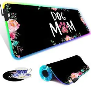 RGB Gaming Mouse Pad Large Mouse Pad Desk Mat Led Mouse Pad Light-up Mouse Pad, Large Keyboard Pad, Optical Waterproof Non-Slip, Great for Gamers, Dog Mom Floral Design