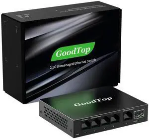 GoodTop 5 Port 2.5Gb Unmanaged Ethernet Switch with 10G SFP+,5 x 2.5G Base-T Ports Compatible with 10/100/1000Mbps,Plug&Play Metal Fanless Multi-Gigabit Homelab Setup Network Switch,Wall Mountable