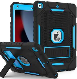ZoneFoker Case for iPad 9th/8th/7th Generation 2021/2020/2019(10.2 inch), Heavy Duty Military Grade Shockproof Rugged Protective 10.2" Cover with Built-in Stand for iPad 9 8 7 Gen (Black+Blue)