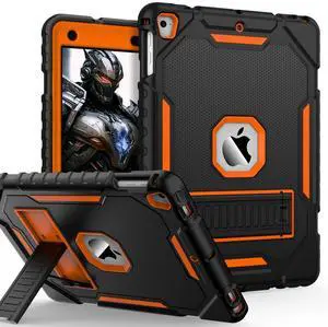 ZoneFoker 9.7" Case for iPad 6th/5th Generation 2018/2017, for iPad Air 2 / Air 1st / Pro 9.7, Heavy Duty Shockproof Protective 9.7 Inch Cover with Built-in Stand for i Pad 6 5 Gen(Black+Orange)