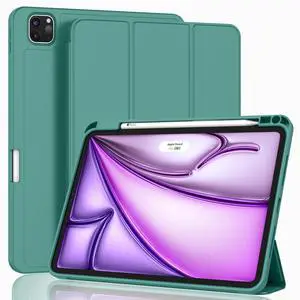 ZryXal New iPad Air 13 Inch Case M3 2025/M2 2024 with Pencil Holder, Trifold Stand Smart Case with Soft TPU Back,Auto Wake/Sleep(Forest Green)