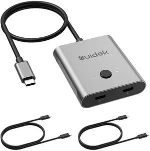 SUIDEK USB C Switch, Bi-Directional USB-C Switcher 8K@60Hz Video 1 in 2 Out/2 in 1 Out with 100W Charging and 10Gbps Data Transfer, Included 5V Power Adapter, Incompatible Thunderbolt Interface