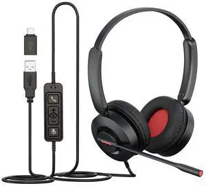 MAIRDI USB Headset with Microphone, USB-A/USB-C PC Headset with Mic Noise Cancelling, Wired Computer Headset with Mute for Laptop Business Work Home Office Call Centers Teams Zoom Comfort