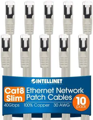 Intellinet Slim Cat8 Ethernet Network Patch Cable - 10-Pack - 40Gbps & 2000MHz, Snagless Boot, 30AWG Pure Bare Copper Wire, Gold-Plated Contacts, Lifetime Mfg Warranty - 14ft, 10 Pack, Grey