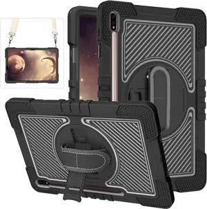 Galaxy Tab S8 Plus Case with 360 Rotating Kickstand & Handle Strap, Rugged Protective for Samsung Tablet 12.4 inch - Black