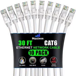 Maximm Cat 6 Ethernet Cable 30 ft (10-Pack) - High-Speed LAN Cable, Internet Cable, Patch Cable, and Network Cable - UTP, 10Gbps, 550MHz Ethernet Cord - White