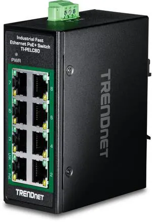 TRENDnet 8-Port Industrial Fast Ethernet PoE+ DIN-Rail Mini Switch, TI-PELC80, NDAA + TAA Compliant, 8 x 10/100Mbps PoE+ Ports, 200W PoE+ Power Budget, 1.6Gbps Switching Capacity