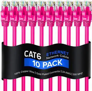Maximm Cat 6 Ethernet Cable 6 Ft, 100% Pure Copper, (10 Pack) LAN Cable, Patch Cable and Network Cable - UTP (Pink) 6 Feet