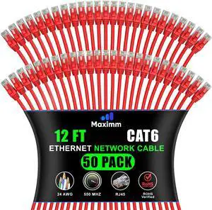 Maximm Cat 6 Ethernet Cable - 12 ft (50-Pack) - High-Speed LAN, Internet, Patch, and Network Cable - UTP, 10Gbps, 550MHz Ethernet Cord - Red