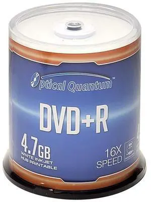 Optical Quantum DVD+R 4.7GB 16X White Inkjet Printable Blank DVDs - 100pk Cake Box (FFP), Writable DVD Discs, Recordable DVD+R Discs, 100 Discs