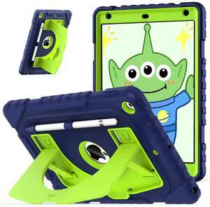 OKP Kids Case for iPad 9th/ 8th/ 7th Generation 10.2 Inch (2021/2020/2019), Heavy Duty 9 8 7 th Gen iPad Protective Cover with Built-in Kickstand, Pencil Holder for Kids Girls Boys, Navy Blue Green
