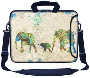 Meffort Inc 17 17.3 inch Neoprene Laptop Bag Sleeve with Extra Side Pocket, Soft Carrying Handle & Removable Shoulder Strap for 16" to 17.3" Size Notebook Computer - Family of Elephants