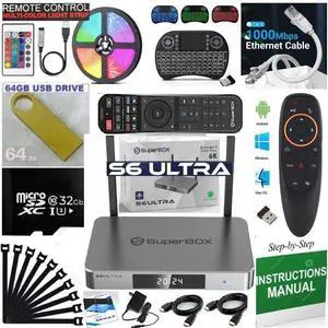 S6 Super Bundle Box S-6 Ultra Authentic 2025 with Large Capacity 4G+128G, 1 Voice & Air Mouse,1 Full Keyboard Remote, Led Light Strip, 64GB USB Flash Drive and SD Card. Support line
