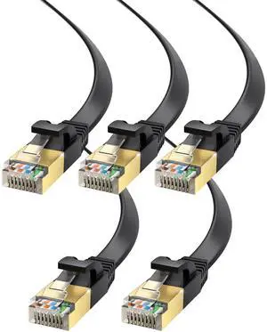 Maximm Cable CAT7 Flat Ethernet Cable, 5 Pack (Black, 12ft) 10 Gbps, 600 MHz, Shielded RJ45 Gold Connectors Ultra-Thin Flexible Design for Home & Office Networking