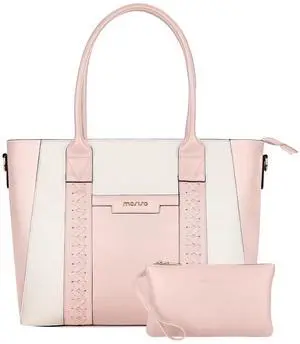 MOSISO Laptop Tote Bag for Women, 15.6 inch PU Leather Work Bag with Double Weave Strips & Clutch Purse, Waterproof Computer Briefcase Shoulder Handbag for Business Office, Pink