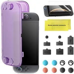 Protective Case for Nintendo Switch 2, AOLION Accessories for Switch 2 with Translucent Purple Acrylic Shell, Dust Plugs, Tempered Glass Screen Protector and 8 Silicone Thumb Grips