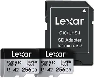 Lexar 256GB (2-Pack) Professional Silver Plus Micro SD Card, UHS-I, C10, U3, V30, Full HD & 4K, Up to 205/150 MB/s microSDXC Memory Card, for Videographers, Gamers (LMSSIPL256G-B2ANU)