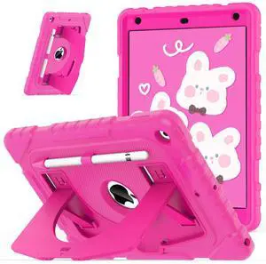 OKP Kids Case for iPad 9th/ 8th/ 7th Generation 10.2 Inch (2021/2020/2019), Heavy Duty Rugged 9 8 7 th Gen iPad Protective Cover with Built-in Kickstand, Pencil Holder for Kids Girls Boys, Hot Pink