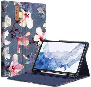 Fintie Case for Samsung Galaxy Tab S8/Tab S7 11 Inch (Model SM-X700/X706/T870/T875/T878) with Built-in S Pen Holder, Multiple Angle Portfolio Business Cover with Pocket Auto Sleep/Wake, Hibiscus