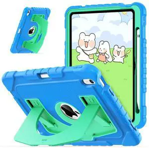OKP Kids Case for iPad 11 inch (A16) 2025/10.9'' (10th Generation) 2022, Shockproof Rugged 11th/10 th Gen iPad Protective Cover with Built-in Kickstand, Pencil Holder for Kids Girls Boys, Blue+Green