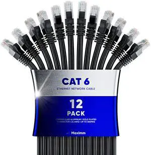 Maximm Cat 6 Ethernet Cable 50 ft (12-Pack) - High-Speed LAN Cable, Internet Cable, Patch Cable, and Network Cable - UTP, 10Gbps, 550MHz Ethernet Cord - Black