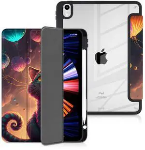 Batianda Case for 11-inch iPad Air 2024 M2 Chip/iPad Air 5th/4th 10.9 inch [Built-in Pencil Holder] Shockproof Cover with Clear Transparent Back Shell TPU Bumper Auto Sleep/Wake, Cheshire Cat
