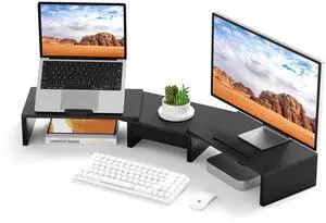 Dual Monitor Stand Riser - Computer Monitor Stand for 2 MonitorsOffice Desktop OrganizerAdjustable Length and Angle 3 Shelf with Storage Drawer Phone Holder for Monitors and Laptops-Black