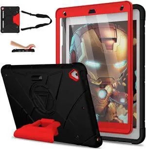 Andnary Case for iPad 10.2 inch 9th/8th/7th Generation, Heavy Shockproof Cover with 180deg Rotating Handle/Screen Protector/Bracket/Pen Holder/Shoulder Strap, Case for 2021/2020/2019, Black+Red