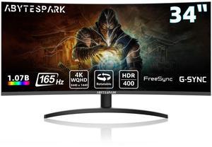 abytespark 34 Inch Curved Ultra Wide WQHD 4K (3440 x 1440) Gaming Monitor, 165Hz 1500R-PIP/PBP, 1ms (MPRT), HDR400, DCI-P3 95%,FreeSync & G-Sync, 2 x DP 1.4 and 2 x HDMI 2.0, Tilt Height Adjustment