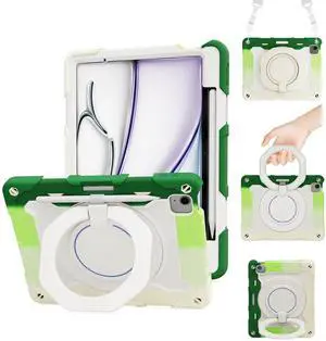 for iPad Air 11 Inch Case M2 M3 with Pencil Holder/ 360deg Rotating Kickstand/Grip Handle/Shoulder Strap for Kids Girls Heavy Duty Rugged Protective Cover for iPad Air 11 inch 2024 2025, Green