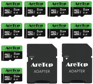 AreTop 8GB Micro SD Cards 10-Pack Micro Memory Cards with 2 Adapter, Read Speed up to 90MB/s UHS-I A1 U1 Class10, High Speed 8GB TF Cards for Tablet, Camera, Dash Cam, Game Console, 10Pack 8G