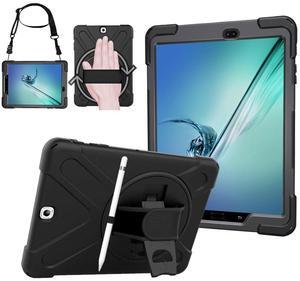 AOOCSHEY for Samsung Galaxy Tab S2 9.7 inch Case 2015, Heavy Duty Rugged Shockproof Drop Protection Kids Friendly Business Cover with 360 Degree Rotating Stand Handle Hand Strap Shoulder Strap, Black