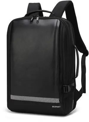 BESMART Waterproof Laptop Backpacks with USB Charging Port & Trolley Sleeve, Shockproof 15.6 Inch Computer Bag for Men Women, Boarding Travel Backpack Casual Daypack for College/Business/Work, Black