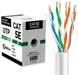 Big-A - 1000ft Cat5e Plenum Ethernet Cable, White, 350MHz, 24AWG UTP, CMP Rated, Solid Network LAN Cord, Compatible with Printer, Gaming Consoles, Router, VoIP Phones, POE IP Cameras