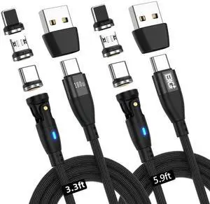 BIG+ 2 Pack USB C Magnetic Charging Cable (3.3ft/5.9ft) - 540 Swivel Head, 6 in 1 PD Fast Charging, Nylon Braided, Micro USB A/C for i-Products, Android