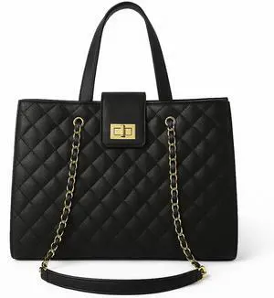 Quilted Laptop Bag for Women, 15.6 inch PU Leather Shoulder Purse Tote Business Office Messenger Casual Handbag (Black)