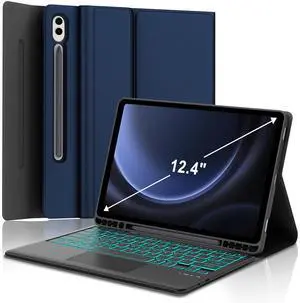 Touchpad Keyboard Case for Samsung Galaxy Tab S10+ Plus 2024/S9 Plus 12.4" 2023-7 Colors Backlit, Multi-Touch Trackpad, Detachable Bluetooth Touch Keyboard Smart Cover with S Pen Holder (Dark Blue)