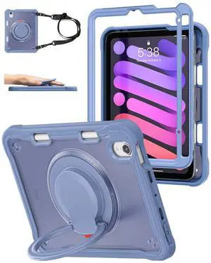 BRAECN for iPad (a17 pro) Mini 7/Mini 6 Case 2024/2021 8.3 inch with Pencil Holder Protective Clear Ring Handle 360 Rotating Stand Shockproof Dropproof Rugged Carrying Shoulder Strap Kids Friendly